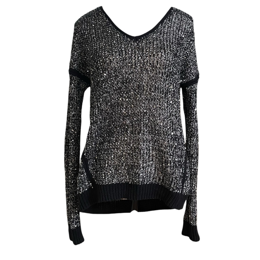 DKNY Jeans Black Grey Sequin Knit Sweater V-Neck Loose Metallic Sparkle Top M - Picture 2 of 9